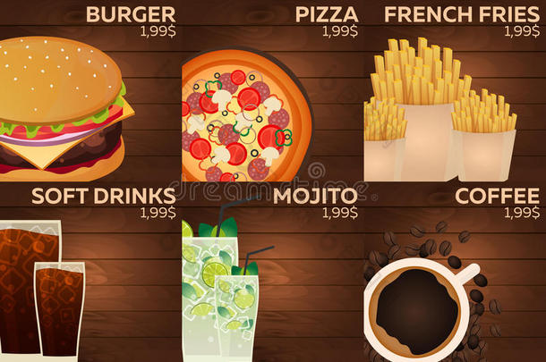木材背景的快餐店菜单。 汉堡，比萨饼，炸薯条，苏打水，莫吉托和咖啡。