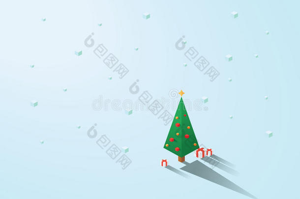圣诞树在现代极简等距多边形几何风格。白色背景下雪。