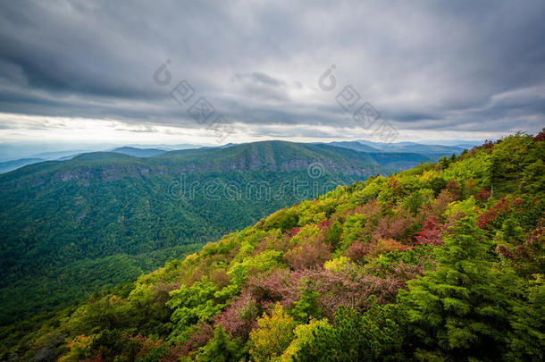 早秋景色从山蓝岭山脉，在林维尔峡谷的边缘，在Pisgah国家森林，n