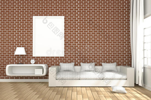 三维渲染：以白色书架和白色沙发家具为背景的舒适客厅内部插图