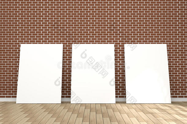 三维渲染：白色<strong>海报</strong>在空房间的插图。你的文字和图片的空间。产品显示模板。红色砖墙