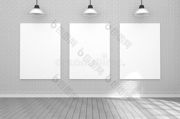 三维绘制：白色<strong>海报</strong>空挂在墙上的插图房间.空间你的短信和图片.产品显示