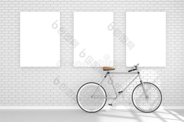 三维渲染：三张白色<strong>海报</strong>挂在空房间的墙上的插图。你的文字和<strong>图片</strong>的空间。