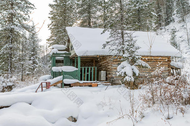 阿尔卑斯山背景美丽的蓝色小屋