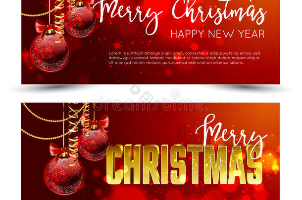 圣诞网页横幅设置红色和金球闪烁模糊的背景。