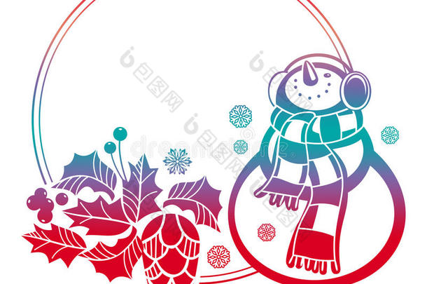 渐变框架与有趣的雪人，冬青浆果和松果轮廓。