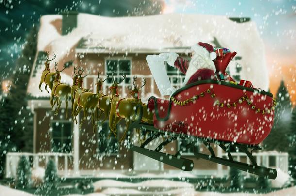 圣诞期间圣诞老人骑雪橇的复合图像