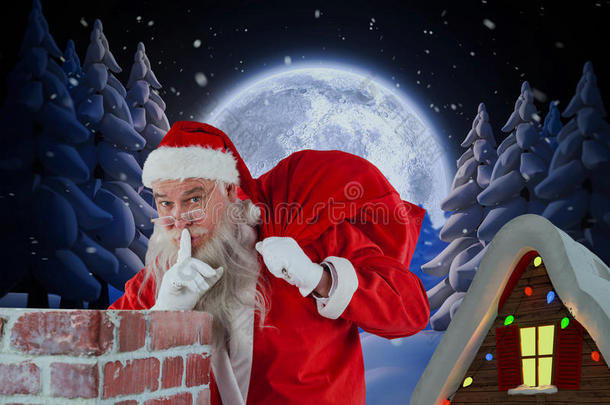 圣诞老人的复合图像，手指在嘴唇上站在烟囱旁边