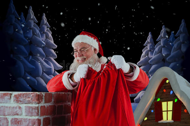 圣诞老人抱着礼物袋进入烟囱的复合图像