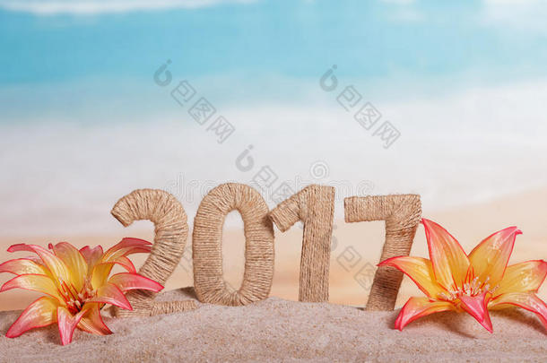圣诞题词2017年在沙子上装饰热带花卉的背景上的海洋