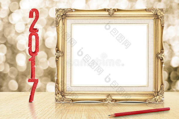 空白金色复古框架与红色闪光2017年新年和重新