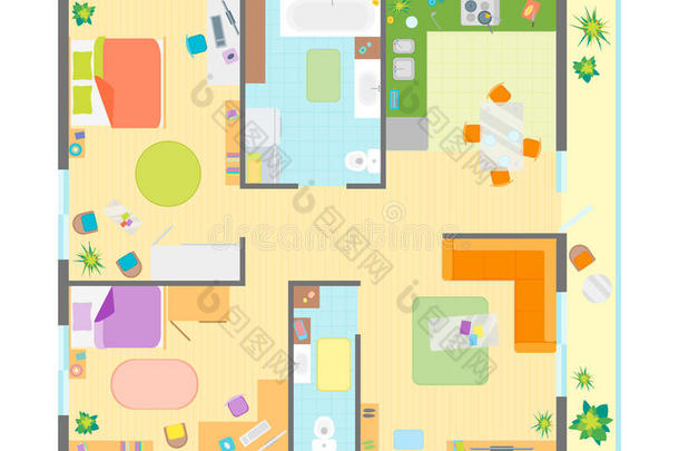 公寓平面图与家具顶部视图。 矢量
