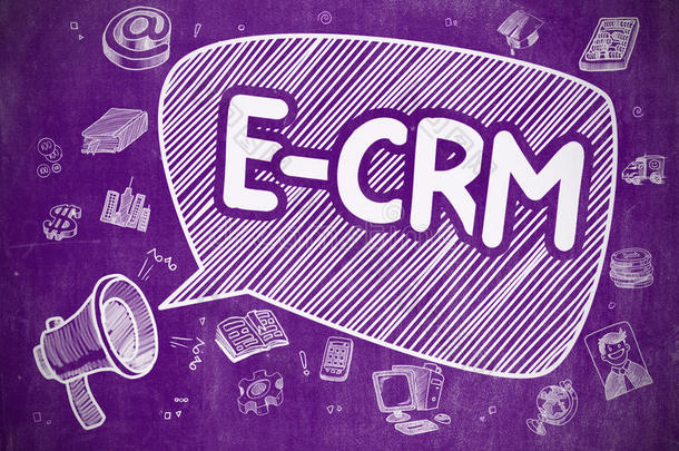 电子CRM-紫色黑板上的卡通插图。