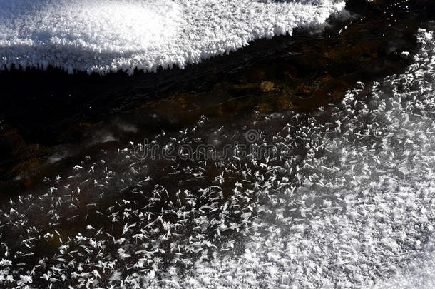 一条小河中结冰的冰晶