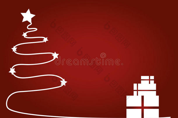 圣诞红色背景，白色圣诞树和礼品套装。 圣诞快乐的主题。