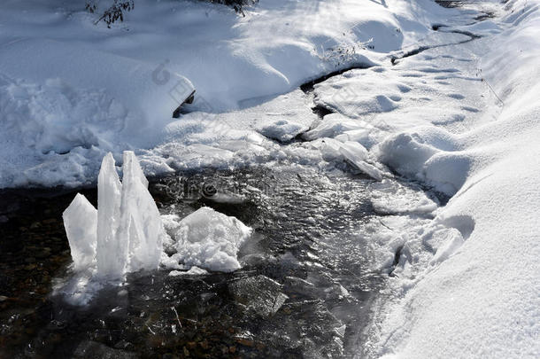 一条小河中结冰的冰晶