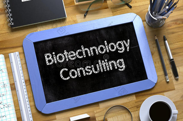 生物技术咨询-小黑板上的文字。 3D。