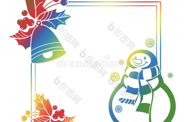 渐变框架与有趣的雪人，冬青浆果和圣诞钟声剪影