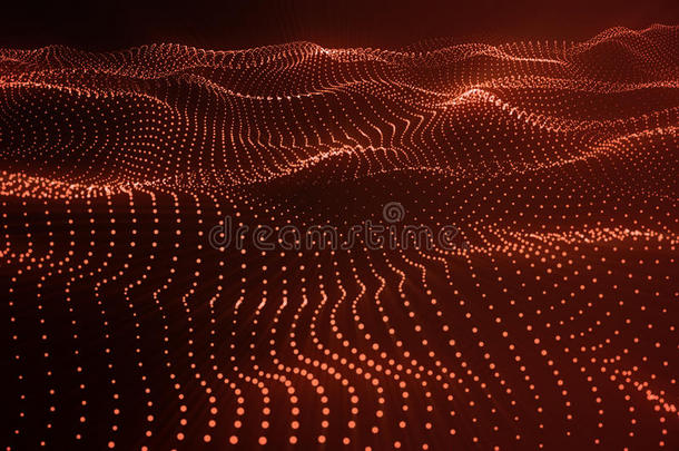 三维渲染高科技数字地形，红色抽象空间在黑暗背景与连接点和线。