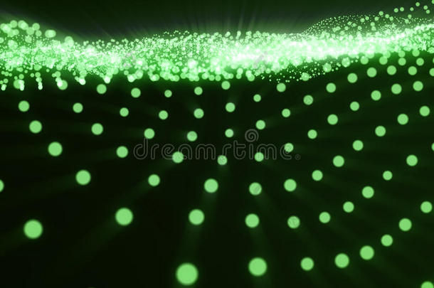 三维渲染绿色抽象数字波形式在黑暗的背景，连接点和线，与光线。