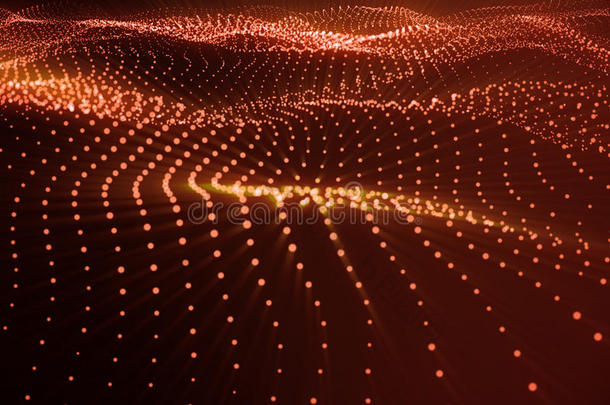 三维渲染<strong>高</strong>科技数字地形，红色抽象空间在黑暗背景与连接点和线。