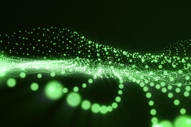 三维渲染<strong>绿色</strong>抽象数字波形式在黑暗的背景，连接点和线，与<strong>光线</strong>。