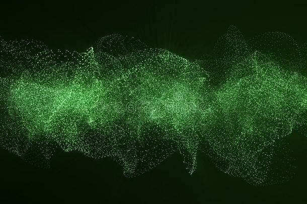 三维渲染高科技数字地形，绿色抽象空间的黑暗背景与连接点和线。