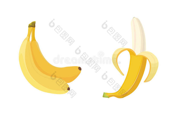 新鲜<strong>香蕉水果</strong>，矢量插图收集。 去皮切<strong>香蕉片</strong>