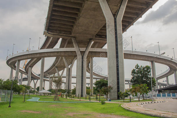 普密蓬桥或工业环线桥是混凝土公路立交桥，<strong>跨越</strong>泰国赵法雅河。