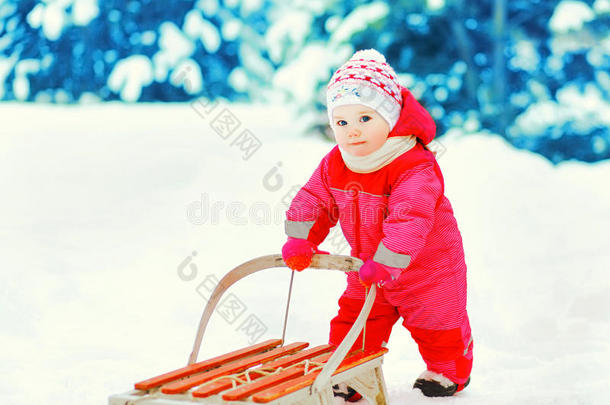 可爱的小孩子在冬天和雪橇一起在雪地上行走