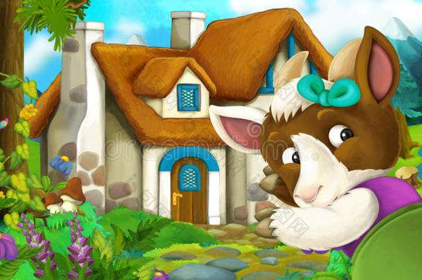卡通场景与山羊附近的村庄房子