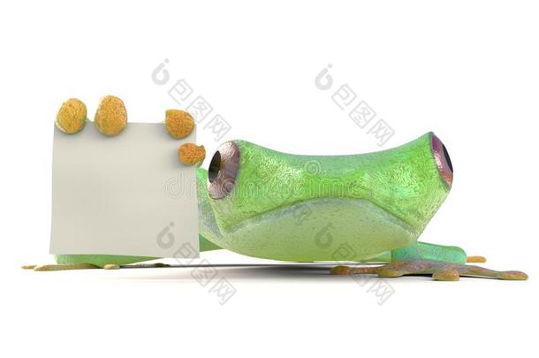 绿树红眼蛙与空白标志3D插图