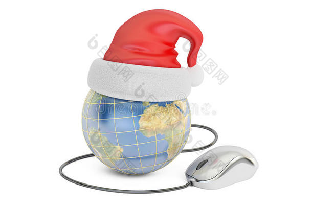 全球圣诞节网上购物概念，地球与圣诞老人帽子a