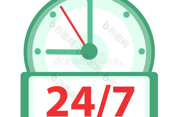 时钟图标，平面设计。 手表24小时，每周7天隔离在白色背景上。