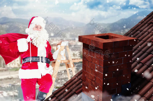 圣诞老人爬上梯子的复合图像