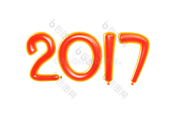 2017年<strong>快</strong>乐<strong>新年</strong>气球的三维插图。 <strong>快</strong>乐的<strong>新年</strong>背景与橙色数字气球。 在白色上隔离