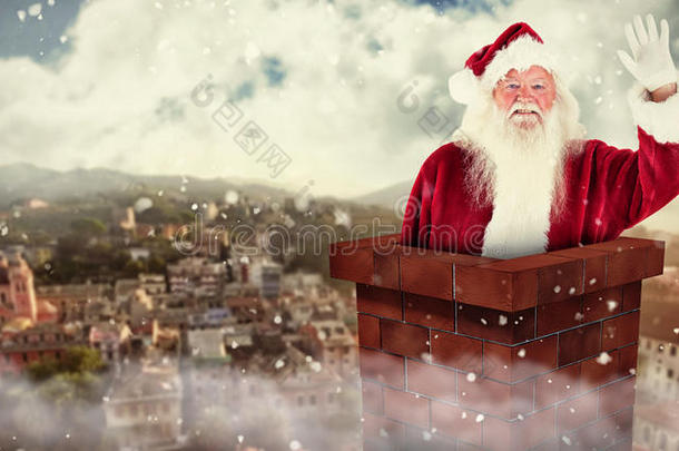 欢乐圣诞老人在镜头前挥手的合成图像