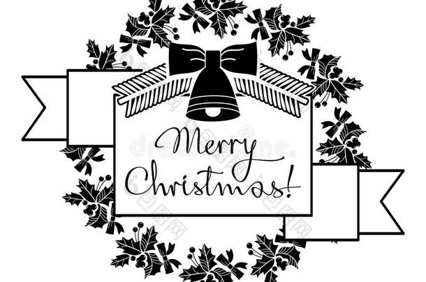圣诞标签与节日装饰品和书面问候`圣诞快乐！`。