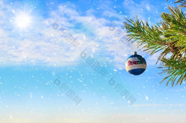 蓝天背景上的圣诞树和装饰品。如画的冬季构图。