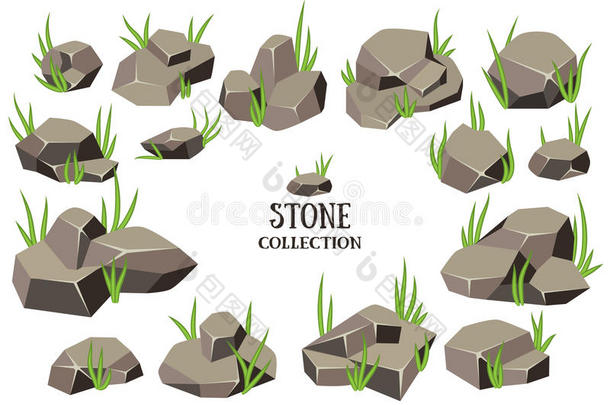 <strong>卡通</strong>石头套装。 灰色<strong>岩石</strong>与草收集。 在白色背景上分离的矢量插图