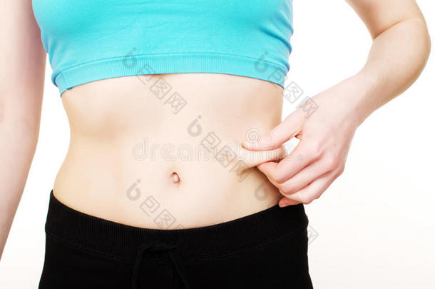 女孩的胃测量与磁带隔离在白色背景，皮肤女人的饮食，保健人员的概念