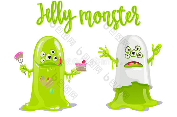 可爱的绿色果冻怪物，蛋糕和糖果，就像可怕的鬼魂。