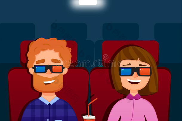 一对夫妇在电影院看电影。 人们坐在.vector插图中