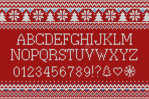圣诞字体。 用雪花和冷杉无缝针织图案上的针织拉丁字母。 北欧公平岛针织