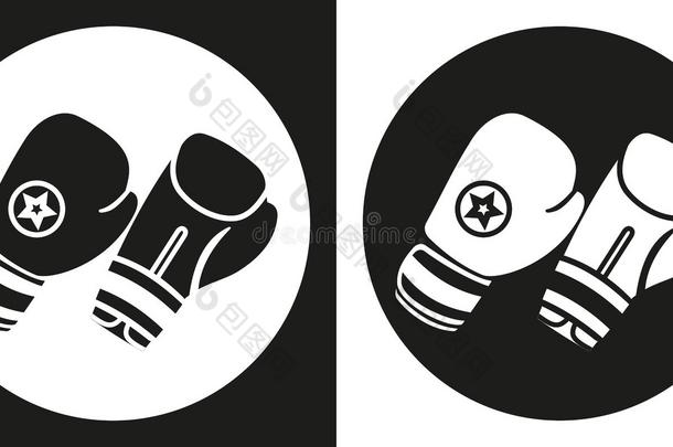 拳击手套图标。 黑白背景上的剪影拳击手套。 体育器材。 矢量插图。