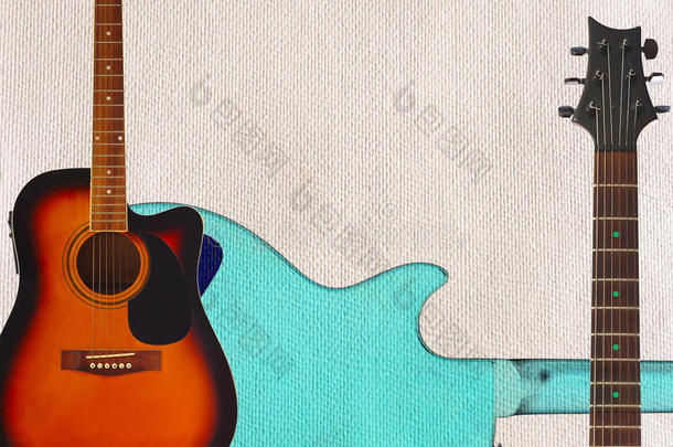 声学吉他，颈部和背部的吉他身体在纸板背景，有足够的复制空间。