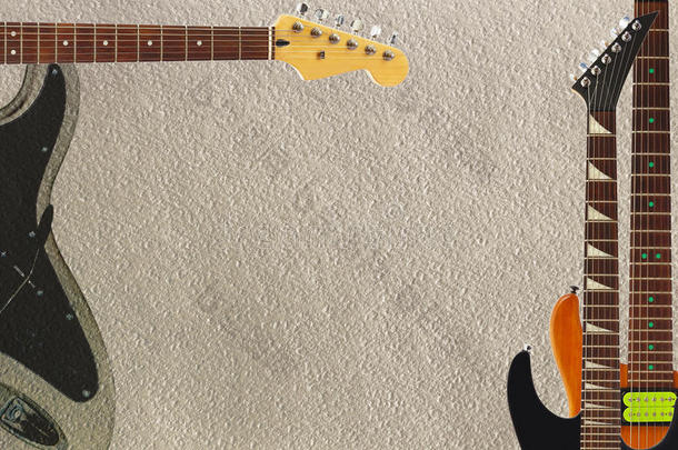 不同的电动吉他在粗糙的纸板背景，有<strong>足够</strong>的复制空间。