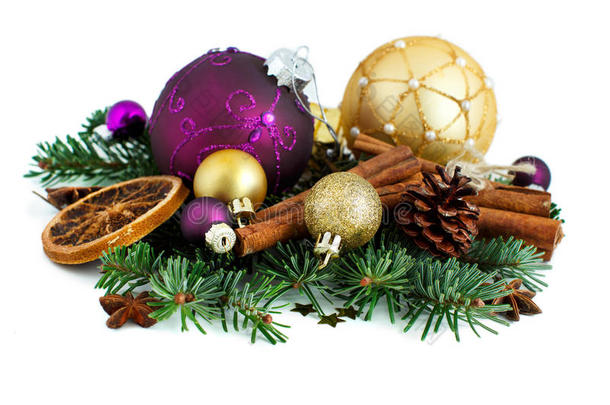 紫色和金色的圣诞饰品边框