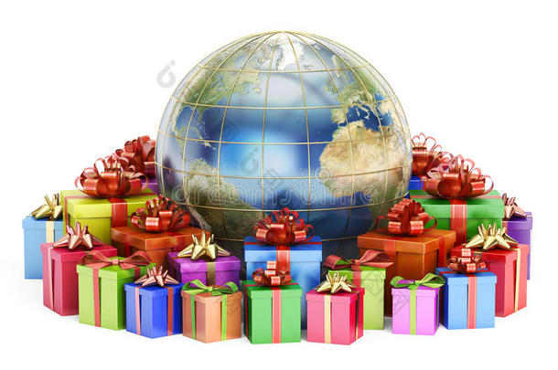 礼品送货和全球购物理念，地球与礼品盒