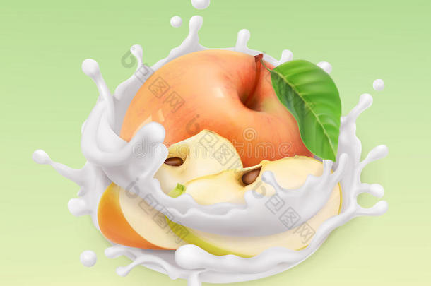 苹果和牛奶飞溅。 水果和酸奶。 三维矢量图标